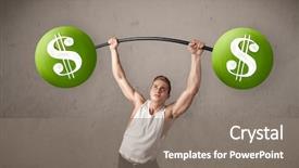  Presentation with lifting weights - PPT theme enhanced with financial fitness - strong muscular man lifting green background and a gray colored foreground