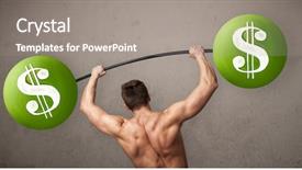  Presentation with lifting weights - Slide set with financial fitness - strong muscular man lifting green background and a gray colored foreground