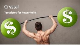  Presentation with lifting weights - Amazing theme having financial fitness - strong muscular man lifting green backdrop and a gray colored foreground
