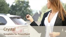  Presentation with car door - Cool new theme with financial fitness - young attractive businesswoman closes backdrop and a  colored foreground