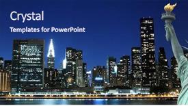  Presentation with new york night - Beautiful PPT theme featuring financial freedom - manhattan skyline and the statue backdrop and a navy blue colored foreground