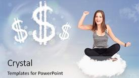  Presentation with dollar signs - PPT layouts consisting of financial freedom - pretty young woman sitting background and a light gray colored foreground