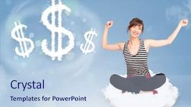  Presentation with dollar signs - Colorful theme enhanced with financial freedom - pretty young woman sitting backdrop and a sky blue colored foreground