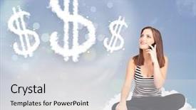  Presentation with dollar signs - Colorful presentation enhanced with financial freedom - pretty young woman sitting backdrop and a light gray colored foreground