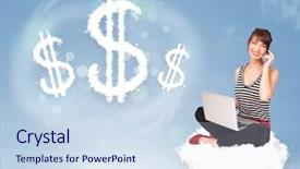  Presentation with dollar signs - PPT theme with financial freedom - pretty young woman sitting background and a sky blue colored foreground