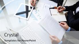  Presentation with paperwork - Slide deck having financial idea - image of human hands background and a sky blue colored foreground