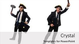  Presentation with pirate - Cool new presentation design with financial instruments - pirate businessman with hammer backdrop and a light gray colored foreground