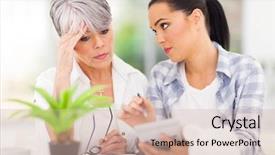  Presentation with helping - Cool new theme with financial investment - young woman helping senior mother backdrop and a soft green colored foreground