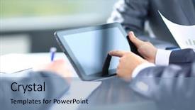  Presentation with hands holding black tablet - Audience pleasing presentation consisting of financial liquidity - businessman holding digital tablet backdrop and a teal colored foreground