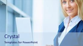  Presentation with female office graphics - Beautiful presentation theme featuring financial outlook - successful female office worker backdrop and a sky blue colored foreground
