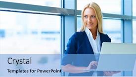  Presentation with female office graphics - PPT theme with financial outlook - successful female office worker background and a light blue colored foreground