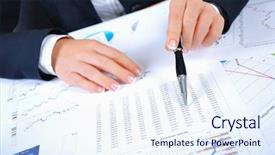  Presentation with desktop - Colorful presentation theme enhanced with financial paper - workplace businessman charts securities charts backdrop and a sky blue colored foreground