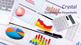  Presentation with graphing paper - Audience pleasing PPT theme consisting of financial paper charts and graphs backdrop and a sky blue colored foreground