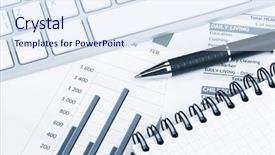  Presentation with financial - Colorful presentation theme enhanced with financial papers computer and office backdrop and a sky blue colored foreground