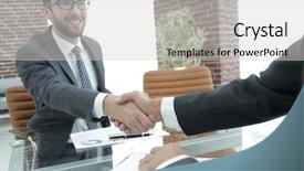  Presentation with termination of the contract - Slides having financial partners handshake after signing background and a  colored foreground