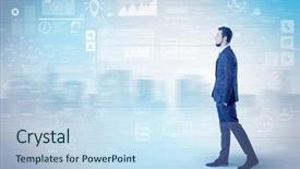  Presentation with walking - PPT layouts consisting of financial performance company - handsome businessman walking in suit background and a  colored foreground