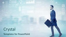  Presentation with database - Presentation design having financial performance company - handsome businessman walking in suit background and a  colored foreground