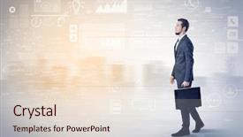  Presentation with database - Slides consisting of financial performance company - handsome businessman walking in suit background and a  colored foreground