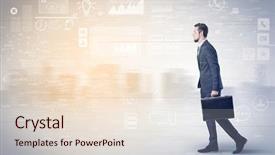  Presentation with walking - Slides having financial performance company - handsome businessman walking in suit background and a  colored foreground