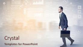  Presentation with database - Presentation theme consisting of financial performance company - handsome businessman walking in suit background and a  colored foreground