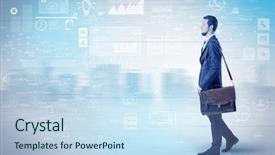  Presentation with database - Slide set featuring financial performance company - handsome businessman walking in suit background and a sky blue colored foreground