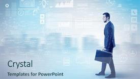  Presentation with database - PPT theme with financial performance company - handsome businessman walking in suit background and a sky blue colored foreground