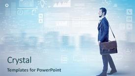  Presentation with walking - Cool new slide deck with financial performance company - handsome businessman walking in suit backdrop and a sky blue colored foreground