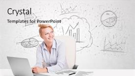  Presentation with business intelligence white robotic arm - Colorful presentation theme enhanced with financial projection - business woman sitting at white backdrop and a white colored foreground