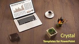  Presentation with business report - Amazing PPT theme having financial ratio analysis - business laptop with stock market backdrop and a  colored foreground