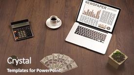  Presentation with business report - PPT theme consisting of financial ratio analysis - business laptop with stock market background and a  colored foreground