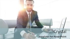  Presentation with graphics - PPT theme featuring financial ratios - businessman working with business graphics background and a light blue colored foreground