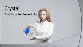  Presentation with financial circle - Slide deck consisting of financial ratios - woman shows a pie chart background and a light gray colored foreground
