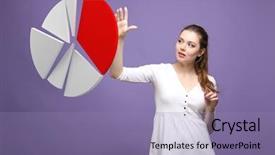  Presentation with pie chart - PPT theme featuring financial ratios - woman shows a pie chart background and a  colored foreground