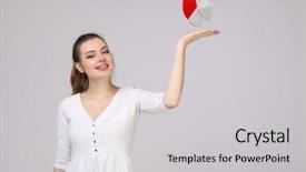  Presentation with pie chart - Beautiful slide deck featuring financial ratios - woman shows a pie chart backdrop and a light gray colored foreground
