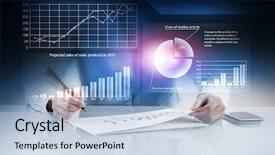  Presentation with financial report - Colorful PPT theme enhanced with financial report - analyzing statistics data mixed media backdrop and a light blue colored foreground