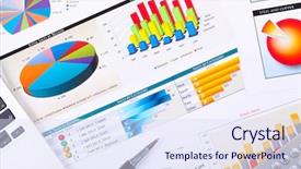  Presentation with business research - Beautiful presentation theme featuring financial research - graphs charts business table backdrop and a sky blue colored foreground