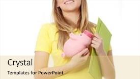  Presentation with piggy bank - Cool new PPT theme with financial security - beautiful young happystudent caucasian woman backdrop and a yellow colored foreground