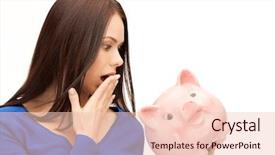  Presentation with piggy bank - Amazing PPT theme having financial stress - picture of lovely woman backdrop and a  colored foreground