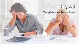  Presentation with financial accounting - Slides with financial stress - sad couple while accounting background and a white colored foreground