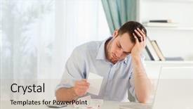  Presentation with bills - Cool new slide deck with financial stress - young businessman worried about bills backdrop and a soft green colored foreground