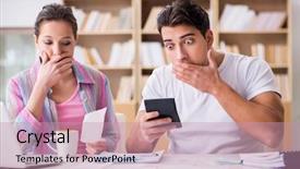  Presentation with stress - PPT theme having financial stress - young family discussing family finances background and a coral colored foreground