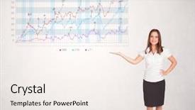  Presentation with stock market abstract business concept - Colorful presentation enhanced with financial success - young business woman presenting stock backdrop and a  colored foreground