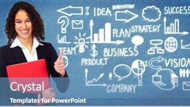  Presentation with business near shoring - Beautiful PPT theme featuring financial success - young businesswoman near business scheme backdrop and a  colored foreground