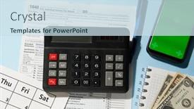  Presentation with paperwork - PPT theme consisting of financial-time-tax-form-mobile background and a sky blue colored foreground
