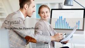  Presentation with consulting - Presentation theme with financiers consulting about information in document during meeting background and a mint green colored foreground