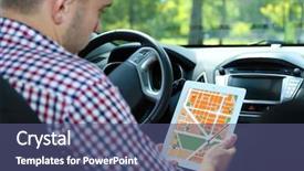  Presentation with gps - Cool new slide deck with find destination - man sitting in the car backdrop and a ocean colored foreground