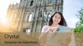  Presentation with macau - Presentation theme with find destination - woman use of paper map background and a coral colored foreground