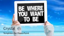  Presentation with tablet - Slide set featuring find direction sign boards - tablet pc with text be background and a  colored foreground