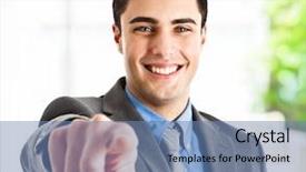 Presentation with ladies finger - PPT theme enhanced with find job - handsome smiling businessman pointing his background and a teal colored foreground