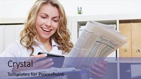 Presentation with office newspaper - Slide deck consisting of find job - happy business woman with smartphone background and a seafoam green colored foreground